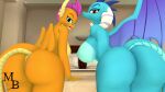  3d_(artwork) anthro blue_body blue_eyes blue_skin blue_tail breasts butt curled_horn digital_media_(artwork) dragon duo eyelashes female friendship_is_magic hair hasbro hi_res horn masterbrony membrane_(anatomy) membranous_wings mohawk my_little_pony nipples non-mammal_breasts orange_body orange_skin orange_tail princess_ember_(mlp) purple_hair red_eyes scalie sharp_teeth smile smolder_(mlp) source_filmmaker spikes tail teeth tongue tongue_out western_dragon wings 