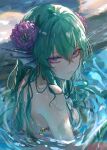  1girl asano_(kazusasn) bikini breasts closed_mouth finana_ryugu fins flower green_hair hair_between_eyes hair_flower hair_ornament head_fins highres long_hair looking_at_viewer medium_breasts nijisanji nijisanji_en partially_submerged purple_eyes purple_flower solo swimsuit upper_body water white_bikini 