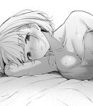  1girl absurdres bare_shoulders bed_sheet blush breasts camisole cleavage closed_mouth collarbone commentary_request embarrassed full-face_blush greyscale highres implied_yuri kitaku_jikan_(ktk_jkn) large_breasts looking_at_viewer lycoris_recoil lying monochrome nishikigi_chisato off_shoulder on_side pov short_hair simple_background solo strap_slip sweat white_background 