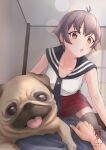  1girl 1other absurdres antenna_hair artist_logo bed black_necktie black_sailor_collar brown_hair commentary_request commission dated dog grey_hair grey_thighhighs highres kamo_mayor kantai_collection looking_at_viewer necktie pixiv_commission pleated_skirt pov pug red_skirt sailor_collar sakawa_(kancolle) shirt short_hair skirt sleeveless sleeveless_shirt thighhighs 