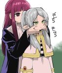 2girls arms_at_sides belt black_belt black_coat black_shirt capelet cheek_squash closed_mouth coat collar commentary_request cowboy_shot cut_bangs dress elf expressionless fern_(sousou_no_frieren) frieren frilled_collar frills gold_trim green_eyes grey_hair hands_on_another&#039;s_cheeks hands_on_another&#039;s_face hands_up hashimoto_(soukidann2010) high_collar hood hood_down hooded_coat jacket long_hair long_sleeves multiple_girls pointy_ears purple_eyes purple_hair shirt sidelocks skirt skirt_set sousou_no_frieren standing straight_hair striped striped_shirt twintails white_capelet white_dress white_jacket white_shirt white_skirt 