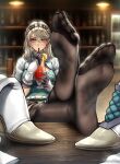  1girl absurdres belt black_thighhighs blue_eyes blurry blush bookshelf boots boots_removed braid breasts commentary commission crossed_legs cup depth_of_field drinking_glass drinking_straw elaine_auclair english_commentary eyelashes feet feet_on_table fine_fabric_emphasis food foot_focus foreshortening fruit gloves grey_hair hair_between_eyes hands_up highres holding holding_cup indoors kuro_no_kiseki_ii large_breasts legs long_hair looking_at_viewer nikishiko no_shoes orange_(fruit) orange_slice pixiv_commission purple_gloves shiny_skin short_sleeves signature sitting smell soles solo steaming_body swept_bangs thighhighs thighs toes white_belt 