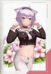  1girl absurdres ahoge animal_ears blush breasts buttons cat_ears cat_girl cat_tail clenched_hands collar collarbone floral_background flower hair_ornament hairband hands_up hibiscus highres hololive long_sleeves looking_at_viewer midriff navel nekomata_okayu nekomata_okayu_(3rd_costume) official_alternate_costume oridays pants parted_lips purple_eyes purple_hair scan short_hair simple_background small_breasts solo stomach tail virtual_youtuber white_pants 