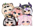  5girls alternate_costume animal_hood bird_hood black_hair black_hairband blue_eyes crow_(la+_darknesss) fang fang_out ganmo_(takane_lui) grey_hair hair_ornament hairband hakui_koyori hololive hood innertube inu_(sakamata_chloe) kazama_iroha kokoro_(hakui_koyori) la+_darknesss multicolored_hair multiple_girls open_mouth orca_hood pink_hair pokobee purple_eyes purple_hair red_eyes sakamata_chloe streaked_hair takane_lui twumi yellow_eyes 