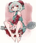  1girl :d bare_legs bare_shoulders barefoot blue_dress breasts curly_hair detached_sleeves dress earrings full_body grey_hair grin highres horizontal_pupils horns jewelry long_sleeves looking_to_the_side massakasama medium_breasts pink_background pointy_ears red_eyes short_hair simple_background smile solo spoon touhou toutetsu_yuuma v-shaped_eyebrows v_arms white_background 