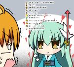  2girls :&gt; aqua_hair aqua_kimono blush chibi dragon_girl dragon_horns fate/grand_order fate_(series) gameplay_mechanics green_hair hair_between_eyes heart heart-shaped_pupils horns jaguarman_(fate) japanese_clothes kimono kiyohime_(fate) long_hair multiple_girls multiple_horns ogarasu open_mouth smile symbol-shaped_pupils translation_request trembling very_long_hair yellow_eyes 