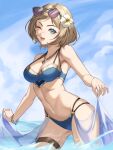  1girl alternate_costume bikini blonde_hair blue_bikini blue_eyes breasts cloud commission english_commentary fire_emblem fire_emblem_heroes flower hair_flower hair_ornament highres holding holding_clothes holding_skirt i_a_n jewelry kiran_(female)_(fire_emblem) kiran_(fire_emblem) looking_at_viewer medium_breasts medium_hair navel necklace ocean one_eye_closed open_mouth second-party_source semi-transparent skirt solo sunglasses swimsuit thigh_strap water 