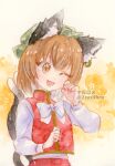  1girl 2zuz4hru ;d animal_ear_fluff animal_ear_piercing animal_ears bow bowtie brown_eyes brown_hair cat_ears cat_tail chen daisy earrings fingernails flower gold_trim hand_up jewelry long_fingernails long_sleeves multiple_tails nail_polish nekomata one_eye_closed open_mouth painting_(medium) paw_pose red_nails red_skirt red_vest short_hair simple_background single_earring skirt skirt_set smile solo tail touhou traditional_media two_tails vest watercolor_(medium) white_bow white_bowtie 