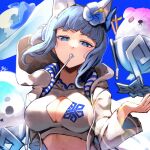  1girl animal_ears blue_eyes blue_hair cleavage_cutout clothing_cutout fire_emblem floating_hat flower food hair_flower hair_ornament highres jacket lens_flare long_sleeves looking_at_viewer nakabayashi_zun nifl_(fire_emblem) nifl_(summer)_(fire_emblem) shaved_ice short_hair solo upper_body utensil_in_mouth 