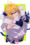  1girl ahoge artoria_pendragon_(fate) bare_shoulders black_shirt blonde_hair blue_ribbon braid breasts cosplay echo_(circa) fate/grand_order fate/stay_night fate_(series) french_braid glasses green_eyes hair_bun hair_ribbon jacket long_hair long_sleeves looking_at_viewer medium_breasts mysterious_idol_x_alter_(fate) mysterious_idol_x_alter_(fate)_(cosplay) off_shoulder open_mouth ribbon saber shirt sidelocks solo white_jacket 