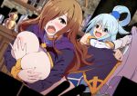 2girls ahoge aqua_(konosuba) assisted_exposure blue_eyes blue_hair blush breasts breasts_out brown_eyes brown_hair commentary_request covering covering_breasts cross detached_sleeves hair_ornament hair_over_one_eye hair_rings hands_on_own_breasts highres kono_subarashii_sekai_ni_shukufuku_wo! large_breasts long_hair morimoto_kiyona multiple_girls open_mouth robe undressing_another wiz_(konosuba) 