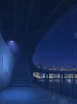  akafune blurry blurry_foreground bridge building city city_lights cityscape commentary_request highres lamppost night night_sky no_humans original outdoors pond railing scenery signature sky snowing tile_floor tiles 
