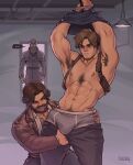  3boys abs absurdres armpit_hair armpits bara bitores_mendez black_hair black_pants black_shirt bound bound_wrists briefs brown_hair brown_jacket bulge chest_hair clothes_pull cuffs facial_hair grey_male_underwear handcuffs highres jacket large_pectorals leon_s._kennedy looking_at_another luis_sera male_focus male_underwear multiple_boys muscular muscular_male navel nipples open_clothes open_jacket pants pants_pull pectorals resident_evil resident_evil_4 resident_evil_4_(remake) restrained shirt short_hair tongue tongue_out underwear white_shirt whyhelbram yaoi 