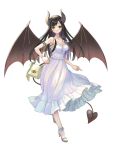  1girl bag black_hair breasts brown_horns chain_paradox charlotte_ami cleavage demon_tail dress full_body green_eyes green_nails handbag high_heels highres horns long_hair long_neck looking_at_viewer se00tu smile solo tail transparent_background white_dress wings 