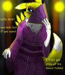  anthro asian_clothing bandai_namco black_sclera blue_pupils canid canine clothing dialogue digimon digimon_(species) drcustom east_asian_clothing female fox fur hi_res holding_fan holding_object japanese_clothing kimono looking_at_viewer mammal pupils renamon simple_background solo text yellow_body yellow_fur 
