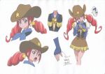  1girl absurdres artist_request blue_gloves brooch brown_skirt concept_art cowboy_hat cowgirl_(western) drill_hair earrings elbow_gloves eyelashes fingerless_gloves freckles gloves hair_ornament happinesscharge_precure! happy hat highres jewelry looking_at_viewer magical_girl official_art one_eye_closed open_mouth precure puffy_short_sleeves puffy_sleeves red_haired_cure_(bomber_girls_precure)_(happinesscharge_precure!) reference_sheet short_sleeves simple_background skirt smile solo source_request speech_bubble standing star_(symbol) star_hair_ornament translation_request twintails vest white_background 