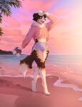 2023 4_toes 5_fingers absurd_res anthro beach breasts canid canine canis clothed clothing day detailed_background digital_media_(artwork) digitigrade domestic_dog feet female fingers fumiko hi_res mammal open_mouth outside sand seaside shoreline sky smile teeth toes tongue water 