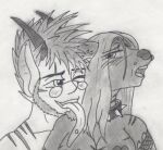  anthro beast_(beastlytendencies) blush blush_lines collar duo eyewear female glasses graphite_(artwork) horn humanoid long_tongue low_res male male/female mammal monochrome mustelid open_mouth otter pencil_(artwork) piercing satyr shadowequine smile snow_pea_(shadowequine) spiked_collar spikes tattoo tongue tongue_out traditional_media_(artwork) 