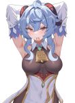  1girl absurdres adjusting_hair ahoge armpits arms_behind_head arms_up bell blue_hair blush breasts covered_navel ganyu_(genshin_impact) genshin_impact hair_tie_in_mouth hand_in_own_hair hands_in_hair highres horns long_hair looking_at_viewer medium_breasts mouth_hold neck_bell purple_eyes ranran236 sidelocks smile solo tying_hair upper_body white_background 