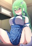  1boy 1girl :o @_@ absurdres blue_skirt blurry blurry_background blurry_foreground blush breasts commentary_request darumoon detached_sleeves frog_hair_ornament furrowed_brow green_eyes green_hair hair_between_eyes hair_ornament hair_tubes highres implied_sex indoors kochiya_sanae large_breasts long_hair m_legs nontraditional_miko nose_blush open_mouth pleated_skirt pussy_juice shirt single_hair_tube skirt snake_hair_ornament solo_focus squatting_cowgirl_position taut_clothes taut_shirt tokkuri touhou 