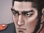  1boy black_hair buzz_cut close-up frown goatee_stubble golden_kamuy light_frown long_sideburns looking_ahead male_focus mature_male military_uniform nopinzo realistic short_hair sideburns solo tanigaki_genjirou thick_eyebrows uniform very_short_hair 