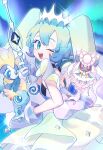  1girl amaura aurora aurorus black_choker blue_eyes blue_hair cane choker commentary crystal diamond_(shape) diancie dinosaur dress gloves hatsune_miku highres holding holding_cane holding_pokemon jl_seiko long_dress looking_at_viewer looking_back mega_diancie mega_pokemon one_eye_closed open_mouth pokemon pokemon_(creature) project_voltage red_eyes see-through see-through_sleeves smile teeth tiara twintails upper_teeth_only vocaloid white_gloves 
