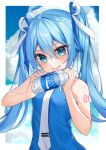  1girl absurdres aqua_nails bare_arms bare_shoulders blue_eyes blue_hair blue_ribbon blue_shirt blue_sky blush border bottle breasts cloud cloudy_sky collared_shirt commentary hair_between_eyes hair_ribbon hatsune_miku highres holding holding_bottle long_hair necktie number_tattoo open_mouth outside_border pocari_sweat ribbon ryaru_ryaru shirt shoulder_tattoo sky sleeveless sleeveless_shirt small_breasts smile solo tattoo twintails two-tone_ribbon upper_body vocaloid water_bottle white_border white_necktie white_ribbon 