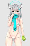  1girl adjusting_scarf animal_ear_fluff animal_ears bangs bikini blue_archive blue_eyes blue_scarf blush breasts cameltoe cleavage commentary_request crokase cross_hair_ornament gloves green_gloves grey_background grey_hair groin hair_between_eyes hair_ornament halo highres looking_at_viewer medium_hair micro_bikini midriff mismatched_pupils navel necktie plaid plaid_skirt scarf shiroko_(blue_archive) sidelocks simple_background single_glove skirt sleeveless solo stomach sweat swimsuit two-tone_gloves wolf_ears wolf_girl 