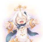  1girl :d ^_^ blue_scarf closed_eyes flat_chest genshin_impact hair_between_eyes hair_ornament halo ham_(points) long_sleeves open_mouth outstretched_arms paimon_(genshin_impact) scarf short_hair smile solo straight-on white_hair 