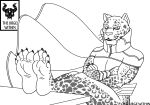  2017 5_toes anthro armor atlus barefoot belt black_and_white bracers cape claws clothing collar crossed_arms feet feet_on_table felid finger_claws fingers foot_fetish foot_focus fur hi_res humanoid_feet leopard looking_at_viewer male mammal megami_tensei monochrome ose_(megami_tensei) pantherine plantigrade prick_ears sega sharp_claws sitting snout soles solo spots spotted_body spotted_fur the_urge_within toe_claws toes whiskers zipper 
