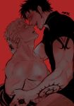  2boys artist_name black_hair black_shirt blush earrings facial_hair goatee hug imminent_kiss implied_yaoi jewelry long_sideburns looking_at_another male_focus multiple_boys muscular muscular_male nipples nok_(nok_1) one_piece partially_colored pectorals red_background roronoa_zoro shirt short_hair sideburns smile sweat tattoo taut_clothes taut_shirt trafalgar_law yaoi 