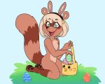  anthro basket canid canine container easter easter_basket easter_egg fake_ears fake_rabbit_ears female fluffy fluffy_tail hi_res holidays kittystarpaw mammal procyonid raccoon raccoon_dog smile solo tail tanuki 