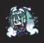  1girl :o black_background black_sleeves black_thighhighs blue_hair chibi full_body ghost_miku_(project_voltage) glitch glowing gradient_hair grey_shirt hair_between_eyes hands_up hatsune_miku highres long_hair looking_at_viewer multicolored_hair open_mouth pale_skin platinum_(o0baijin0o) pokemon print_sleeves project_voltage see-through see-through_skirt shirt skirt solo sparkle thighhighs twintails very_long_hair vocaloid white_hair will-o&#039;-the-wisp_(mythology) yellow_eyes 