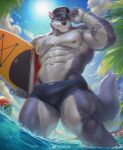  2023 6suan abs anthro arm_tuft athletic beach biceps body_tuft canid canine canis chest_tuft clothing facial_tuft fur grey_body grey_fur hair hat head_tuft headgear headwear hi_res jewelry leaf liquid looking_at_viewer low-angle_view male mammal markings muscular muscular_anthro muscular_legs muscular_male muscular_thighs necklace nipples outside pecs police_hat pubes seaside serratus sky smile smiling_at_viewer smirk smirking_at_viewer solo solo_focus surfboard swimwear tail tail_tuft tattoo tuft underarm underwear water weibo weibo_logo white_body white_fur wolf wristband 
