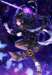  1girl ascot blue_cape blue_hair blue_headwear breasts cape clorinde_(genshin_impact) corset epaulettes fighting_stance genshin_impact gloves hat hat_feather highres holding holding_sword holding_weapon jewelry large_breasts lllkalllwalll long_hair looking_at_viewer pantyhose purple_background purple_eyes serious shirt solo sword tricorne vision_(genshin_impact) weapon white_gloves white_shirt 