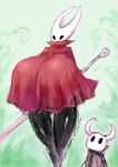  2b-ge anthro arthropod big_breasts black_body blush blush_lines breasts clothing duo female hi_res hollow_knight horn hornet_(hollow_knight) huge_breasts hyper hyper_breasts insect larger_female looking_up male mask nail_(weapon) protagonist_(hollow_knight) size_difference smaller_male standing team_cherry thick_thighs topwear vessel_(species) 