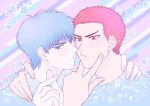  2boys bishounen black_eyes black_hair buzz_cut couple finger_heart hand_on_another&#039;s_shoulder heart heart_in_eye looking_at_viewer male_focus multiple_boys open_mouth pastel_colors red_hair rukawa_kaede sakuragi_hanamichi short_hair side-by-side slam_dunk_(series) symbol_in_eye toned toned_male upper_body v very_short_hair yaoi yomomomoji 