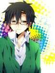  1boy :| alternate_costume bad_id bad_pixiv_id bespectacled black_hair blue_background cardigan closed_mouth collared_shirt commentary_request glasses green_background green_cardigan hair_between_eyes hair_ornament hairclip half-closed_eyes highres kagerou_project long_bangs looking_at_viewer male_focus mekakucity_actors multicolored_background partial_commentary pink_background purple_background rectangular_eyewear red-framed_eyewear semi-rimless_eyewear seto_kousuke setoo0115 shirt short_hair solo spiked_hair under-rim_eyewear upper_body white_background white_shirt yellow_background yellow_eyes 
