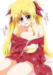  1girl azumaya_hironaru blonde_hair blush collarbone fate_testarossa hair_ribbon japanese_clothes kimono long_hair looking_at_viewer lyrical_nanoha mahou_shoujo_lyrical_nanoha mahou_shoujo_lyrical_nanoha_a&#039;s open_mouth red_eyes ribbon simple_background smile solo twintails white_background 