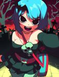  1girl :d aetherion alternate_costume bag bat_hair_ornament belt black_eyes blue_hair breasts dress fangs graveyard hair_ornament highres jewelry long_sleeves looking_at_viewer medium_breasts necklace open_mouth outdoors pantyhose ramona_v_flowers red_pupils scott_pilgrim short_hair skull_necklace smile solo strapless strapless_dress swept_bangs tombstone vampire 