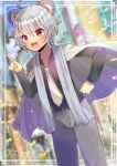  1boy :d ahoge black_jacket black_shirt blurry blurry_background collared_shirt commentary_request commission copyright_request depth_of_field dress_shirt grey_hair grey_jacket grey_pants hair_between_eyes hand_up indoors jacket jacket_on_shoulders koala_ears kou_hiyoyo male_focus necktie open_clothes open_jacket pants red_eyes shirt skeb_commission smile solo virtual_youtuber white_necktie 