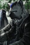  2022 anthro arknights ashu_monster black_body black_fur black_hair blue_hair clothing collar doctor_(arknights) duo ear_piercing eyebrow_piercing faceless_character facial_piercing fingerless_gloves fur gloves grey_body grey_fur hair half-closed_eyes handwear human hyena hypergryph jacket male mammal mask narrowed_eyes piercing spot_(arknights) spotted_hyena studio_montagne topwear 