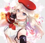  1girl alisa_ilinichina_amiella asymmetrical_gloves bare_shoulders blue_eyes bracer breasts closed_mouth collared_shirt commentary_request dated elbow_gloves fingerless_gloves gloves god_eater god_eater_2:_rage_burst grey_hair hair_between_eyes hand_up happy_birthday hat highres long_hair looking_at_viewer medium_breasts neckerchief partially_unbuttoned red_neckerchief shirt sidelocks single_elbow_glove sleeveless sleeveless_shirt smile solo standing stomach torayama_(mps2nd) underboob upper_body white_shirt 