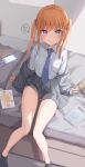  1girl ankle_socks arm_support black_socks blue_necktie breasts brown_hair cellphone charger closed_mouth collared_shirt commentary_request feet_out_of_frame grey_jacket grey_skirt heart jacket knees_together_feet_apart kopaka_(karda_nui) long_hair long_sleeves looking_at_viewer medium_breasts necktie no_shoes off_shoulder on_bed open_clothes open_jacket original phone pleated_skirt purple_eyes shirt sitting skirt sleeves_past_wrists smile socks solo spoken_heart twintails white_shirt 