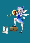  1girl absurdres black_footwear blue_background blue_bow blue_dress blue_eyes blue_hair bow breasts cirno collared_shirt dress full_body hair_bow highres ice ice_wings instrument kneehighs looking_at_viewer mary_janes medium_hair music neck_ribbon pinafore_dress playing_instrument puffy_short_sleeves puffy_sleeves rabbit red_ribbon ribbon ruka328 shirt shoes short_sleeves simple_background sleeveless sleeveless_dress small_breasts socks solo standing touhou tree_stump trumpet white_shirt white_socks wings 