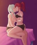  2girls absurdres anna_(fire_emblem) breasts brown_panties fire_emblem fire_emblem_awakening grabbing grabbing_another&#039;s_breast highres kiss large_breasts lingerie medium_breasts multiple_girls obsidianwasp on_bed on_lap panties ponytail red_hair robin_(female)_(fire_emblem) robin_(fire_emblem) sitting sitting_on_lap sitting_on_person topless twintails underwear white_hair yuri 