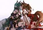  2girls animal_ear_fluff animal_ears bent_over blush bracelet breasts brown_hair chinese_clothes chinese_commentary cleavage closed_eyes commentary_request detached_sleeves earrings fluffy fox_ears fox_girl fox_tail girl_on_top green_hair hair_between_eyes hanging_scroll highres honkai:_star_rail honkai_(series) jewelry kiss long_hair looking_at_another medium_breasts multiple_girls ponytail rekka scroll simple_background sitting tail thigh_strap tingyun_(honkai:_star_rail) white_background white_footwear yukong_(honkai:_star_rail) yuri 