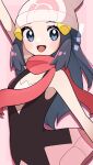  1girl :d absurdres arm_up bare_arms beanie black_hair black_shirt blush_stickers commentary dawn_(pokemon) eyelashes grey_eyes hair_ornament hairclip happy hat highres kurumiya_(krmy_p) long_hair open_mouth pink_background pink_scarf pink_skirt poke_ball_print pokemon pokemon_(game) pokemon_dppt scarf shirt signature skirt sleeveless sleeveless_shirt smile solo symbol-only_commentary tongue white_headwear 