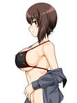  1girl bare_shoulders bikini black_bikini bottomless breasts brown_eyes brown_hair cleavage closed_mouth commentary_request covered_nipples from_side girls_und_panzer grey_shirt highres large_breasts long_sleeves looking_at_viewer looking_to_the_side nishizumi_maho official_alternate_costume oosaka_kanagawa open_clothes open_shirt profile shirt short_hair sideboob sideways_glance simple_background solo swimsuit upper_body white_background 