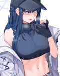  1girl absurdres bare_shoulders baseball_cap black_hair black_headwear black_shirt blue_archive blue_eyes blue_hair breasts crop_top ddog gloves halo hat highres holding holding_mask large_breasts long_hair mask midriff mouth_mask navel saliva saliva_drip saori_(blue_archive) shirt sleeveless sleeveless_shirt solo stomach sweat 